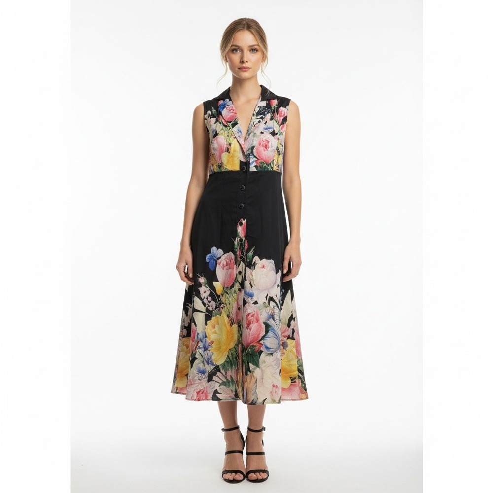 Dalia MacPhee 1X Floral Button Front Sleeveless Maxi Dress Black Pink NEW Party